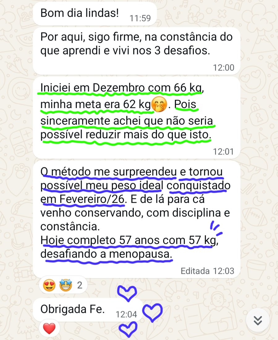 Print de aluna: começou com 66 kg e hoje, aos 57 anos, está com 57 kg