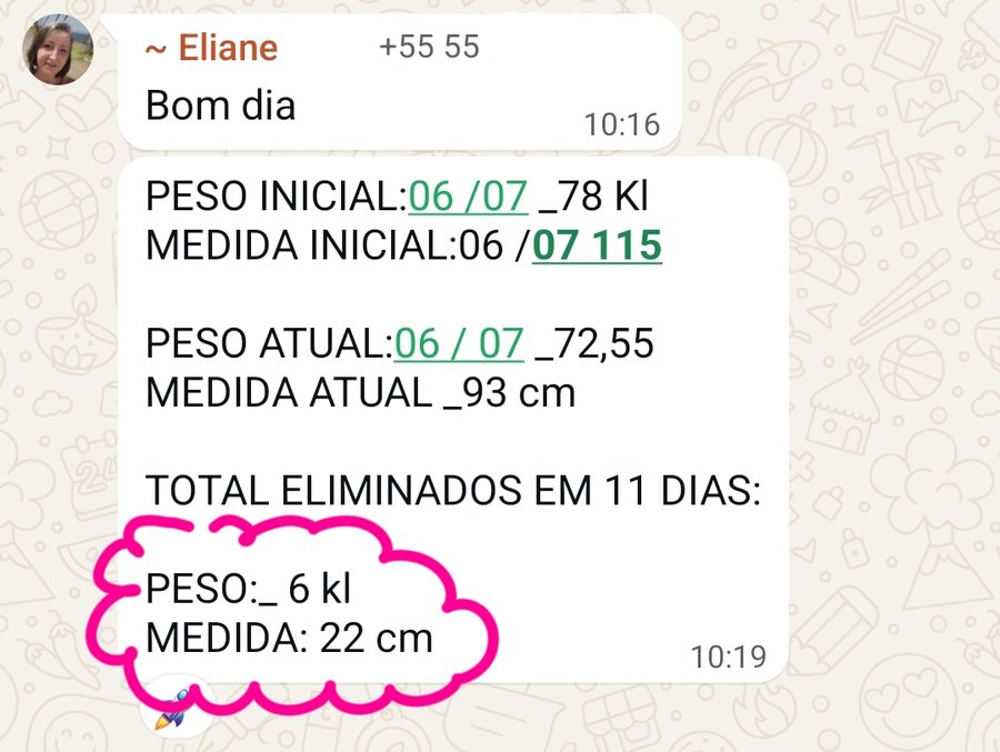 Print de aluna: 6 kg e 22 cm eliminados em 11 dias