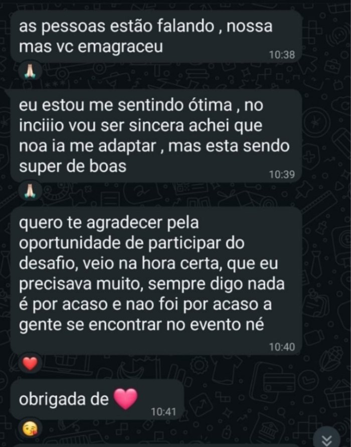 Print de aluna contando que as pessoas comentam que ela emagreceu