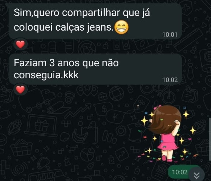 Print de aluna contando que voltou a usar calça jeans depois de 3 anos